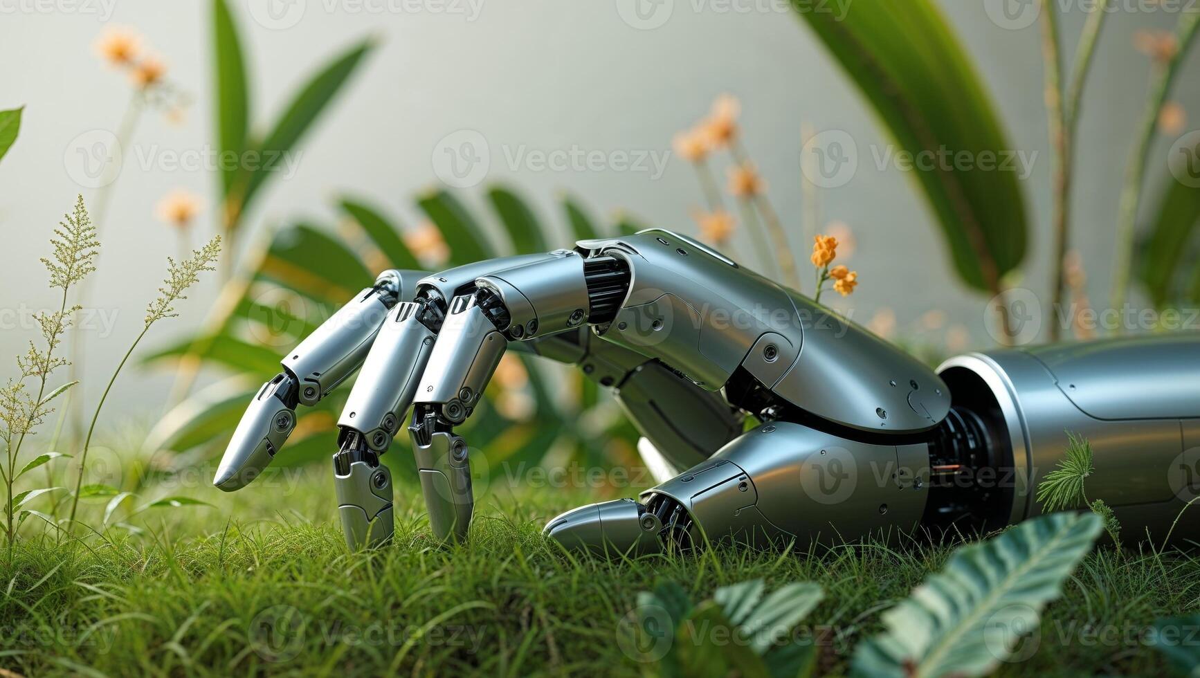 Futuristic Robotic Hand in Lush Green Environment. photo