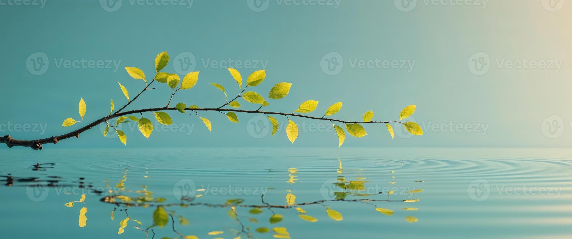 leafs branch on mirror water surface with reflection on blue background photo