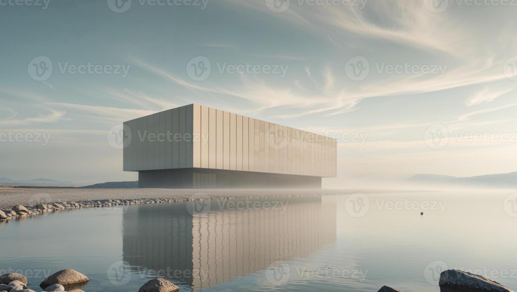 A large building is surrounded by water and rocks. photo