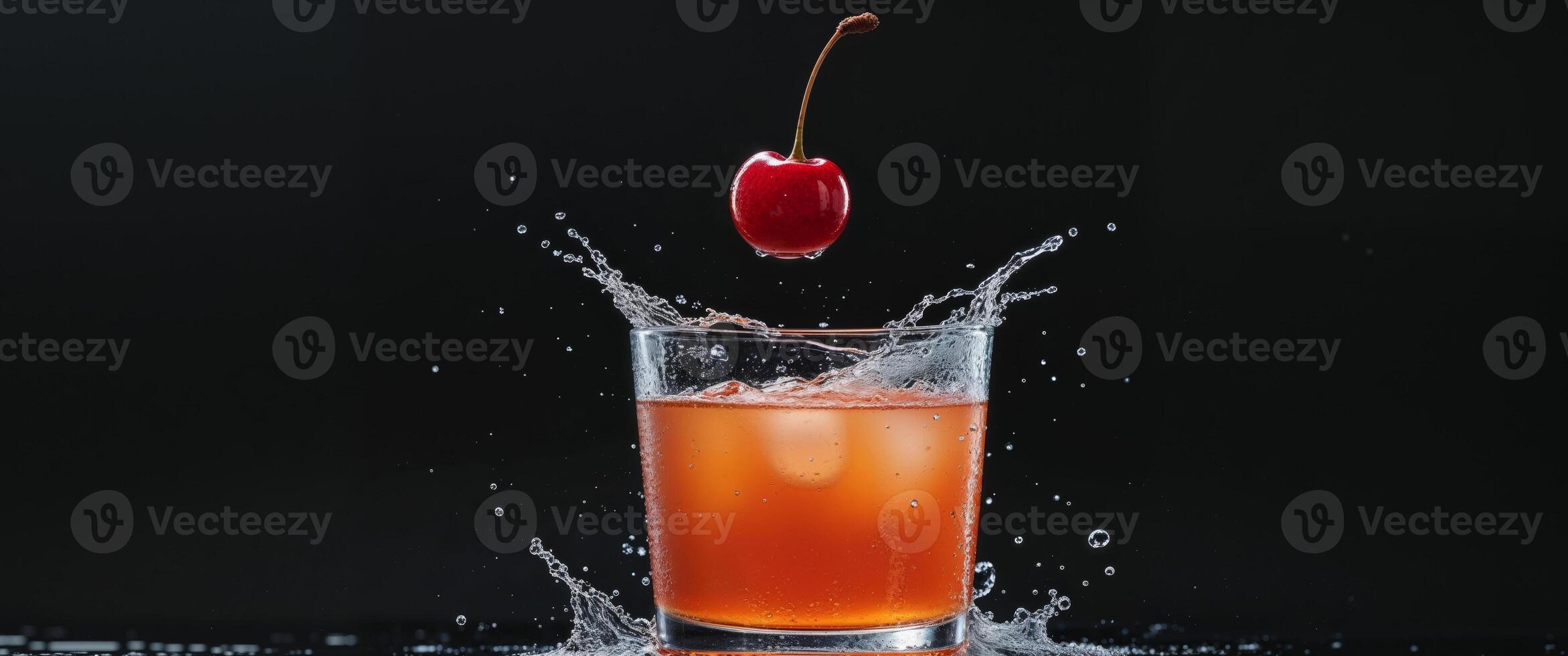 Red cherry falls into a glass with an orange drink creating a splash of water on a black background - refreshing drink concept photo