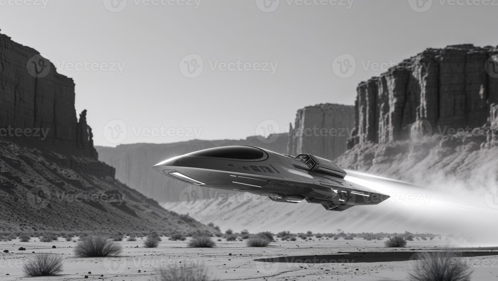Futuristic Spaceship Flying Through Desert Canyon photo