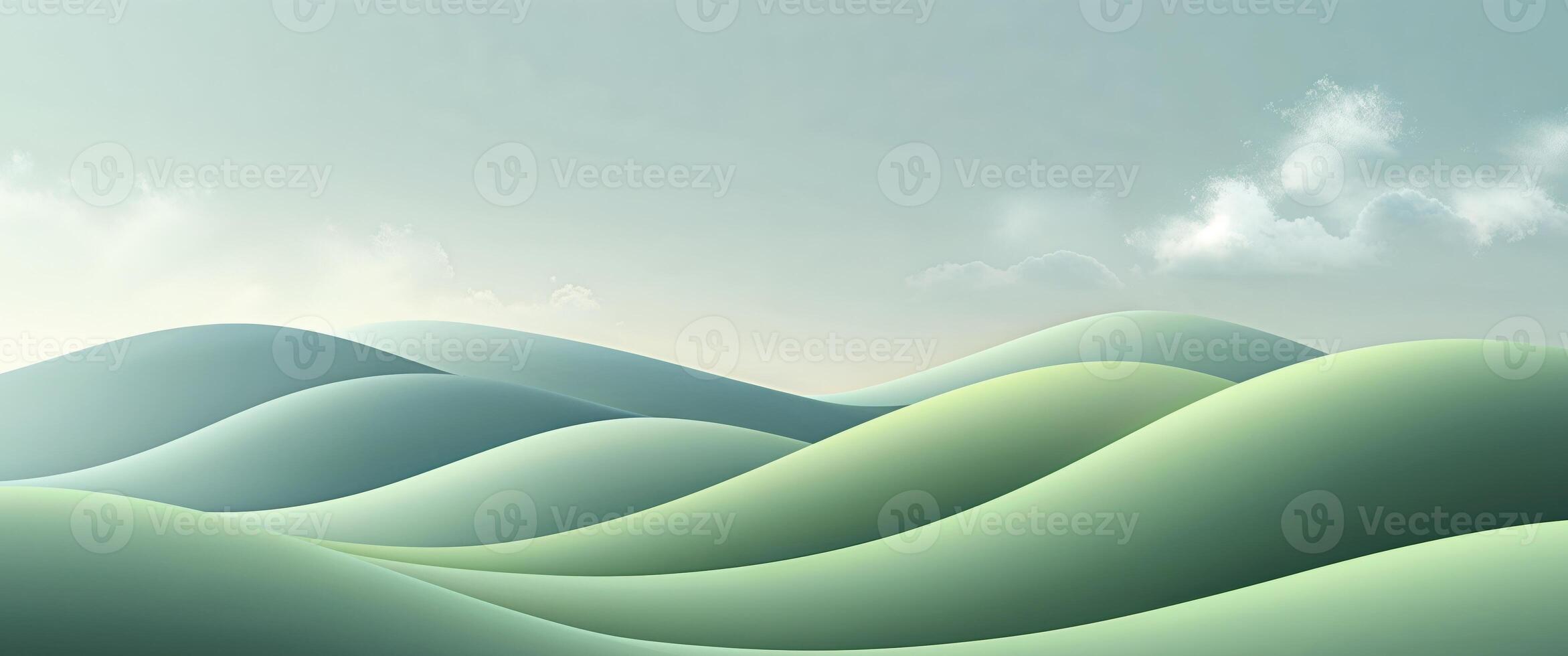 Rolling green hills in soft gradient tones forming an abstract modern landscape with a peaceful and harmonious visual flow. photo