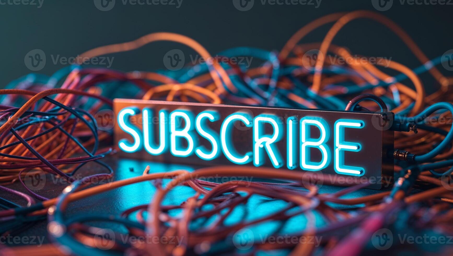 Neon subscribe sign surrounded by colorful tangled wires photo