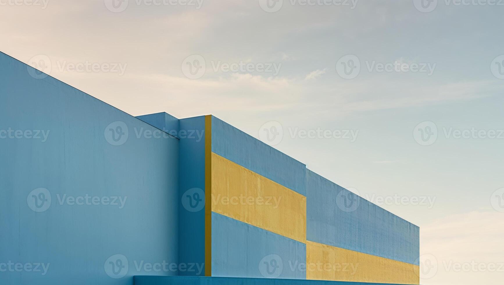 A large blue building with a yellow stripe on the side. photo