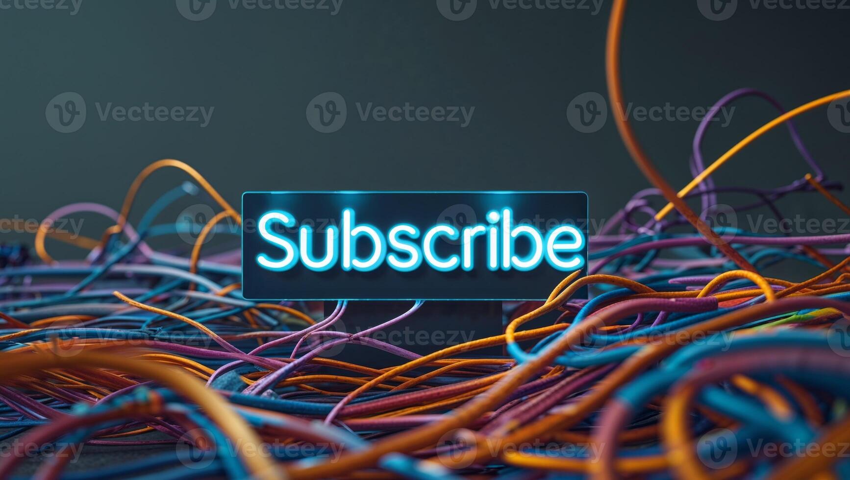 Neon subscribe sign surrounded by colorful tangled wires. photo