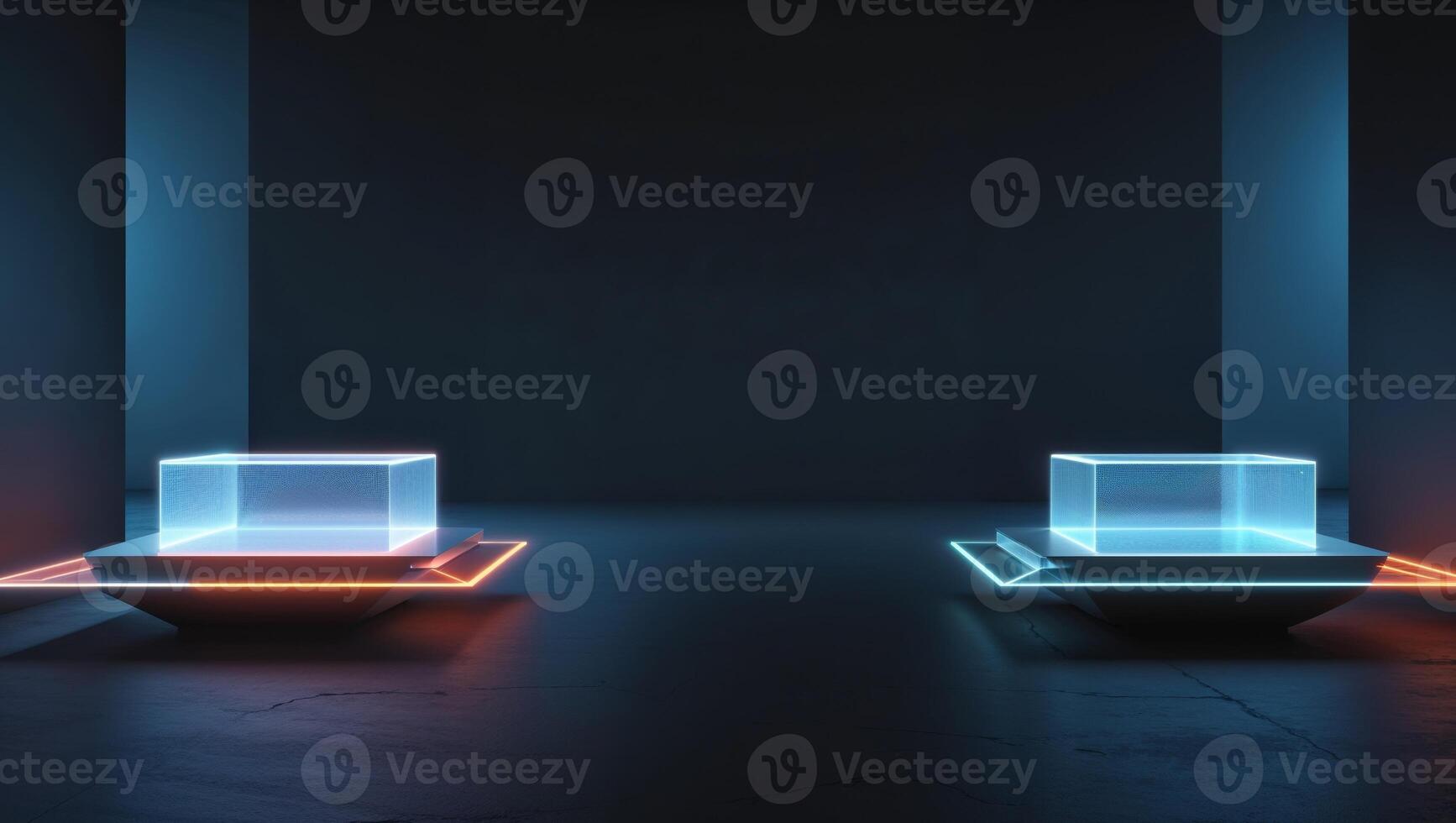 Two futuristic glowing blue and orange holographic platforms in a dark environment photo
