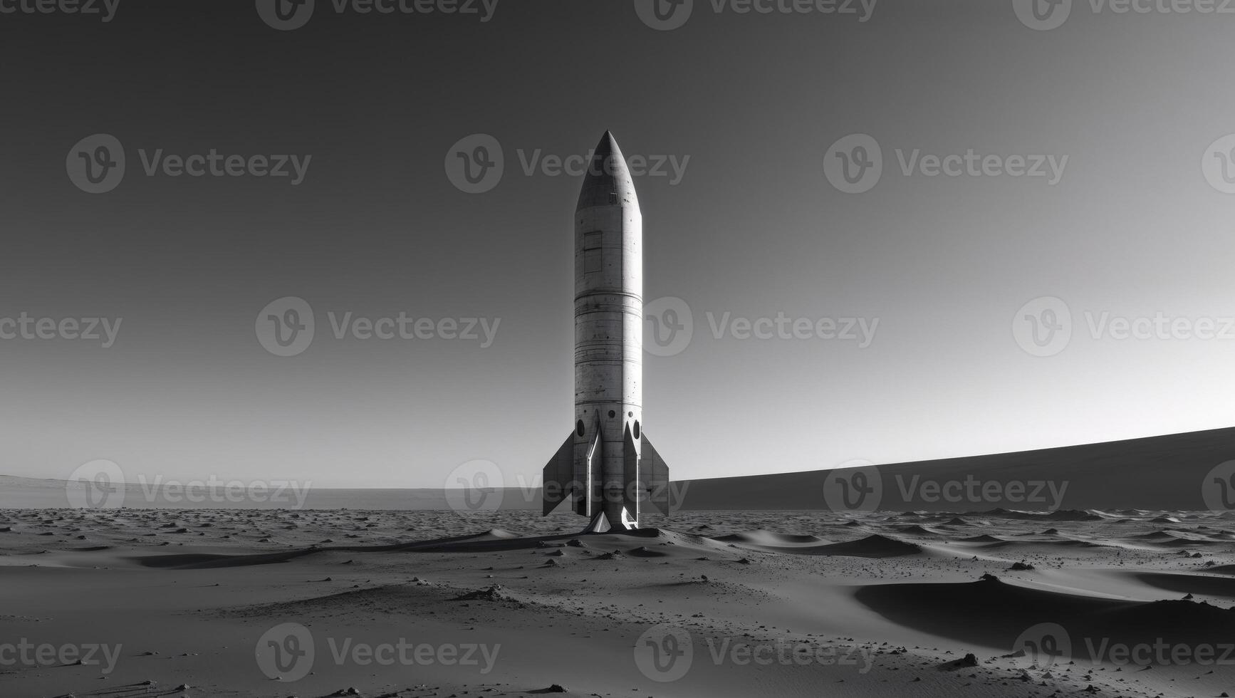 A black and white image of a rocket in the desert photo