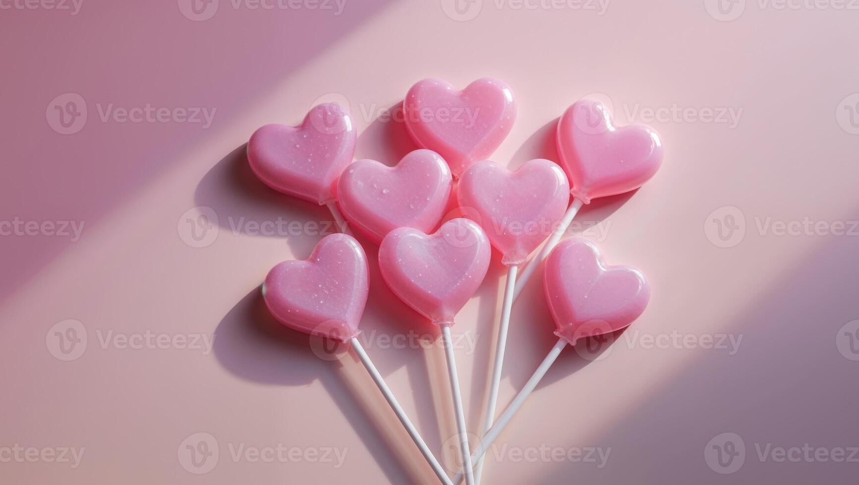 Pink heart shaped lollipops on a pink background photo