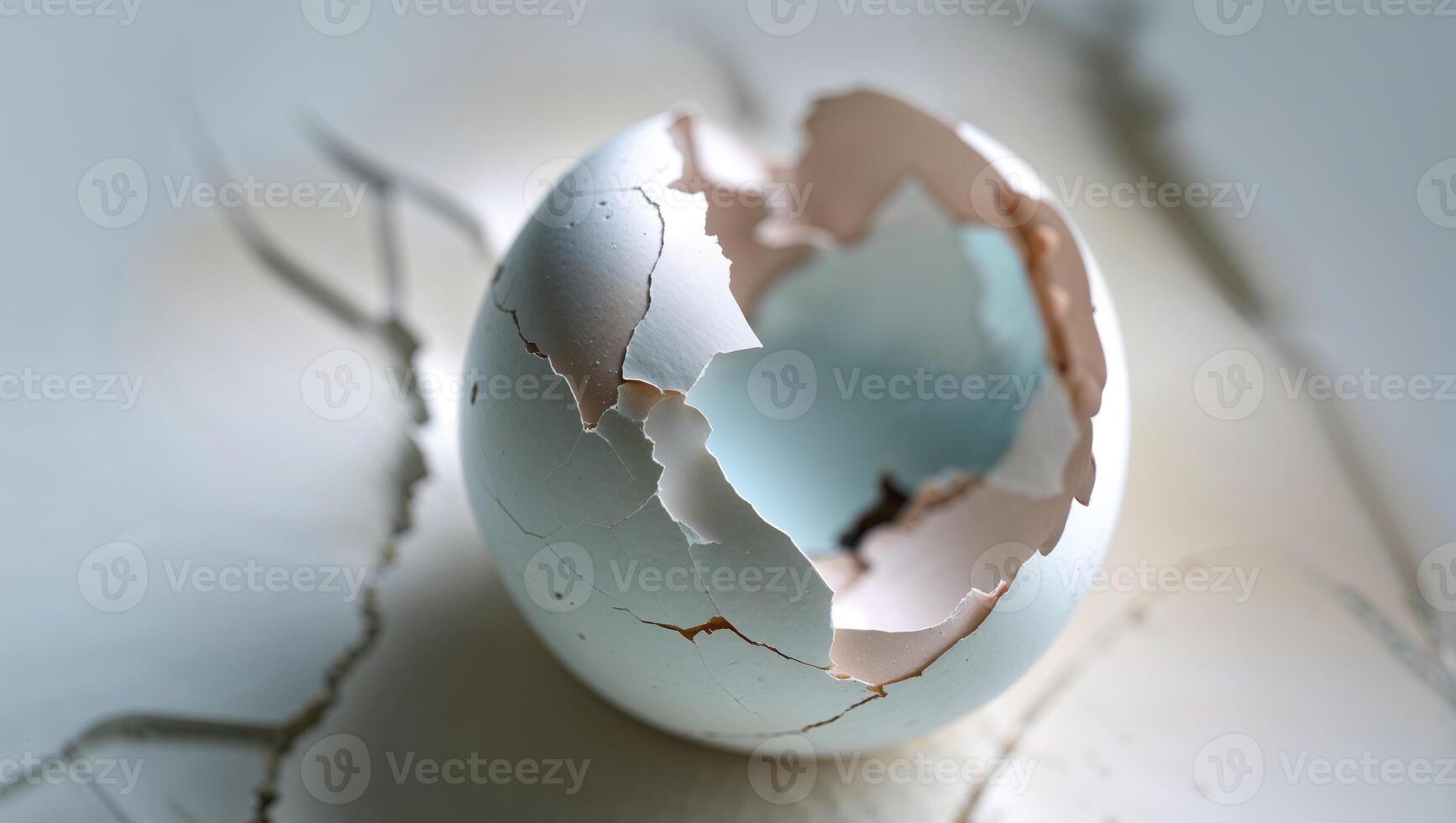 An egg is cracked open on a white surface photo