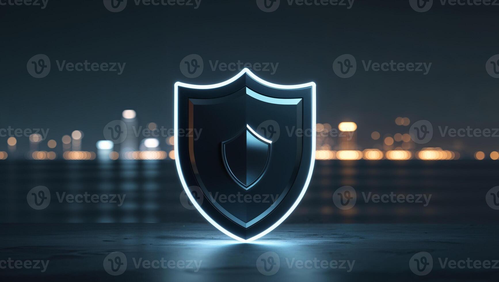 Digital Security Concept with Shield on Tablet at Night with Lights. photo