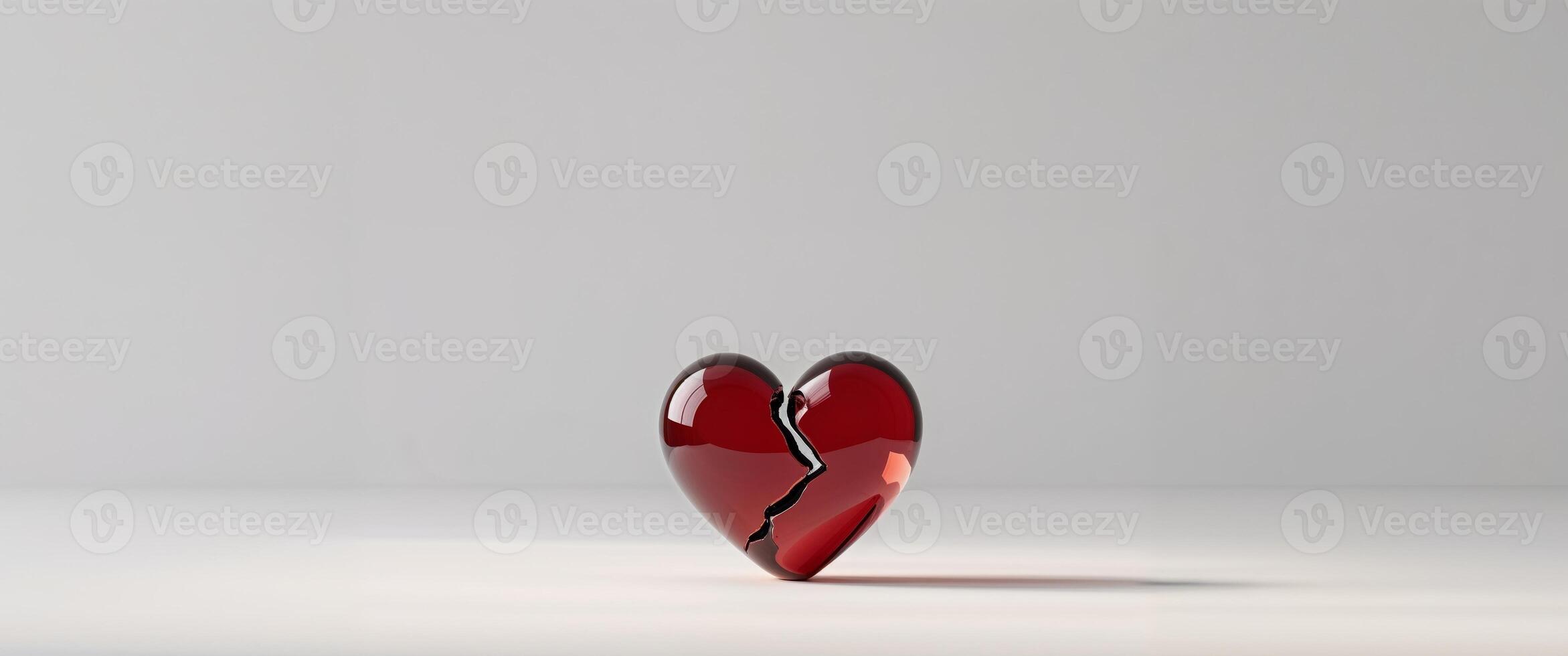 Red glass heart shaped like a broken heart on a solid background. photo