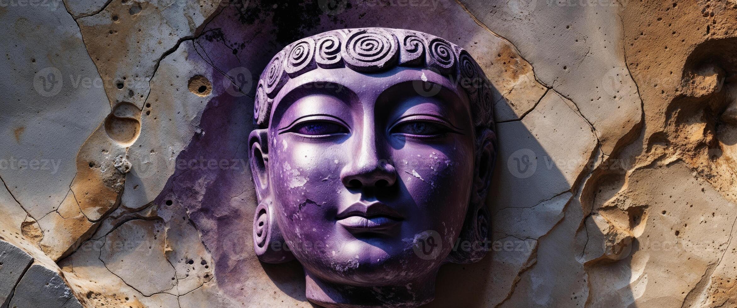 Ancient Stone Artifact with Stylized Face in Purple and Black Design on Natural Surface. photo