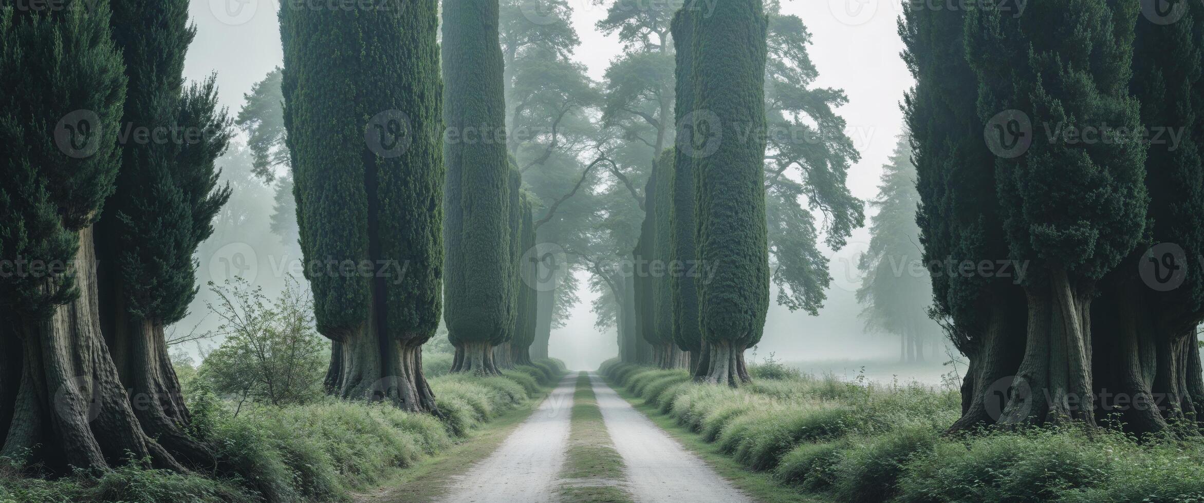 Cypress Tree Tunnel with Natural Landscape Pathway and Empty Space for Text in Peaceful Nature Setting. photo