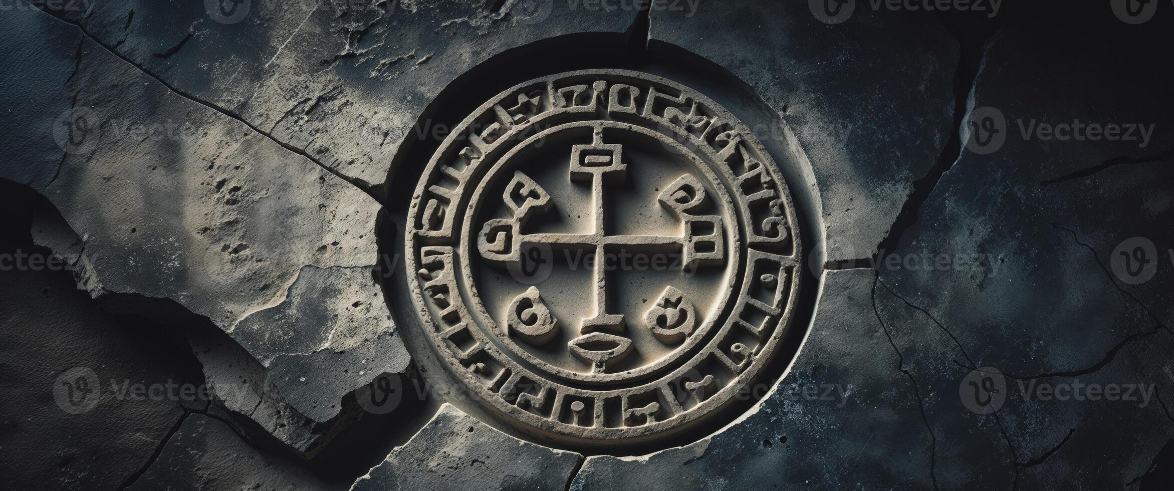 Ancient symbols carved onto stone surface with dark textured background. photo