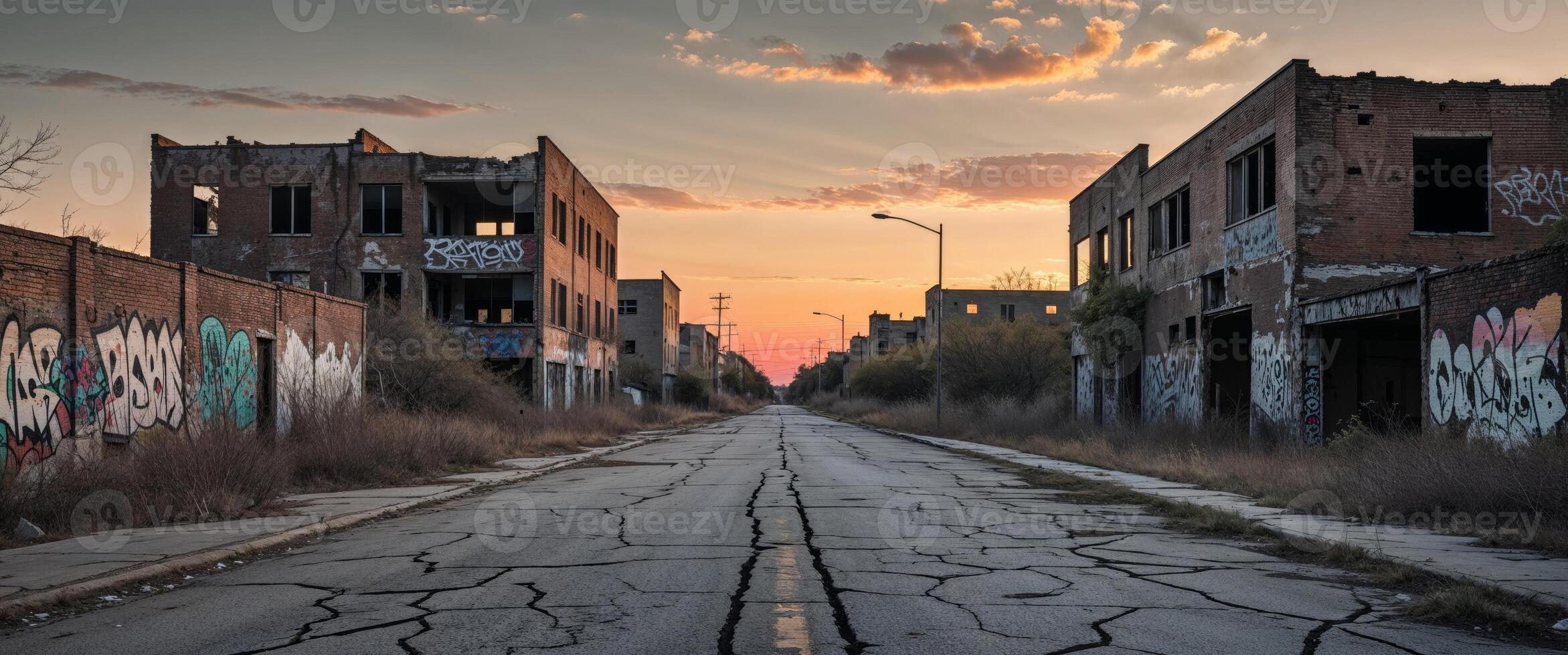 Abandoned urban landscape reveals a desolate road between crumbling buildings at dusk. photo