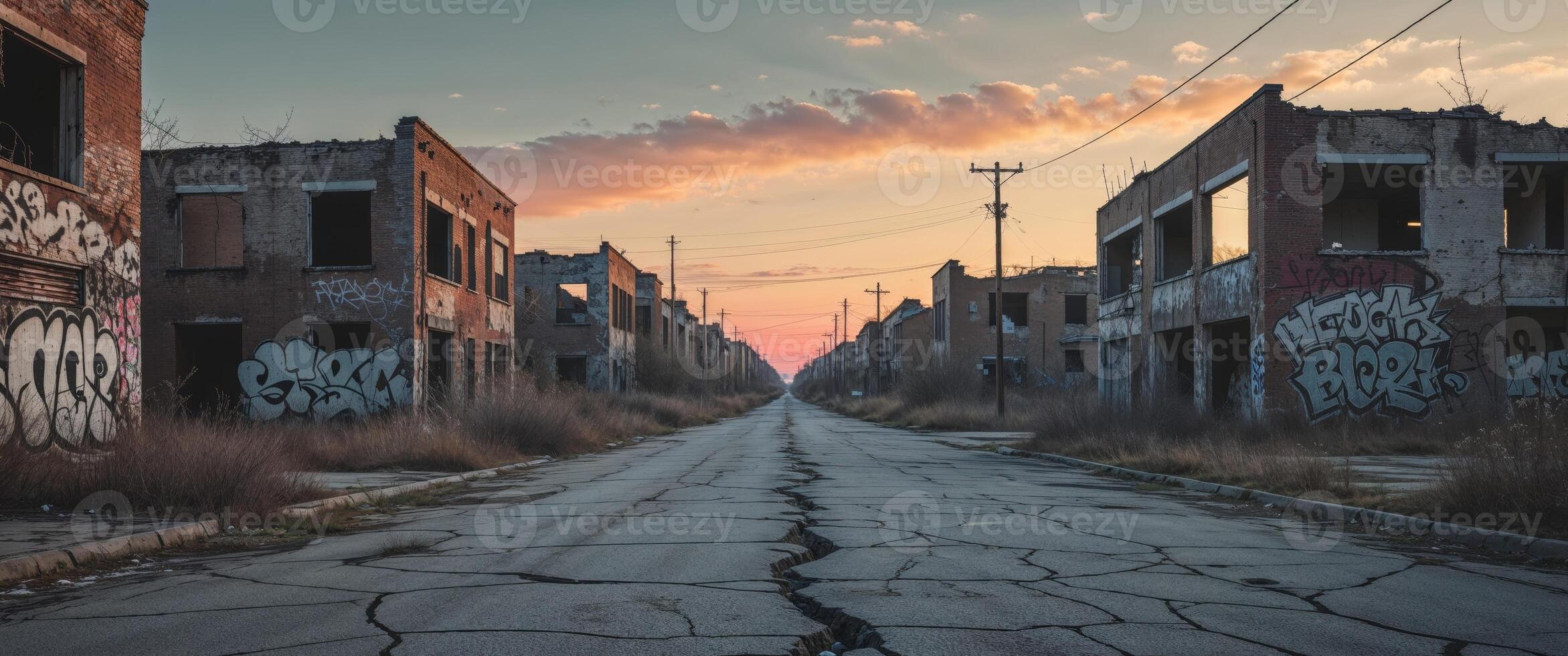 Abandoned urban landscape reveals a desolate road between crumbling buildings at dusk photo