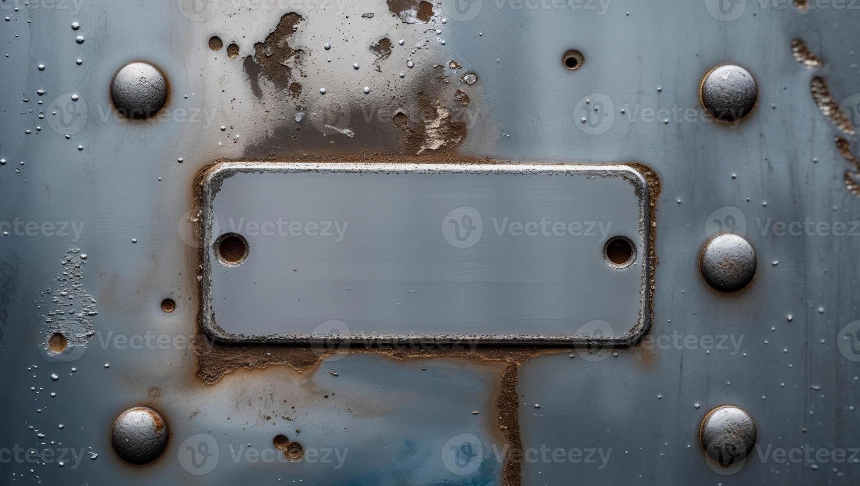 Metal surface with blank plate and rivets for labeling photo