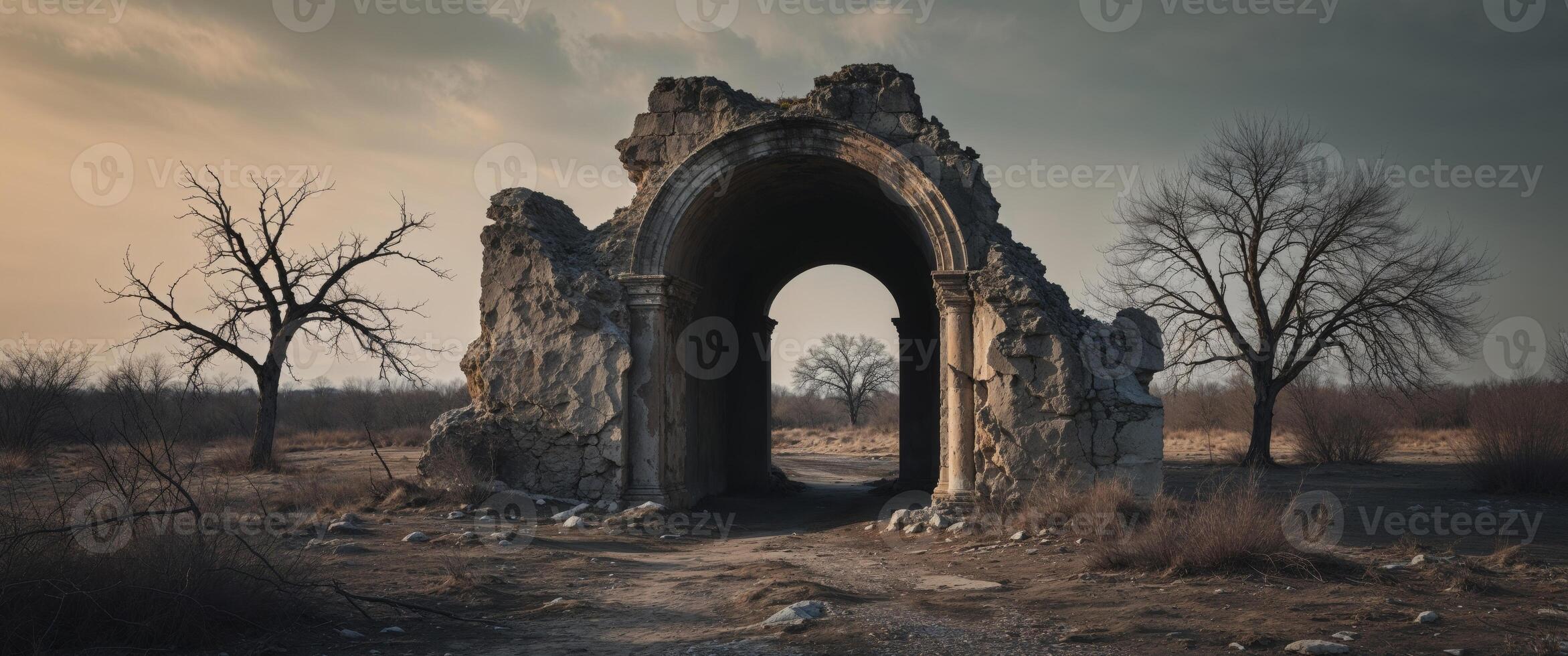 Decayed ancient archway leading into darkness in a desolate place. photo