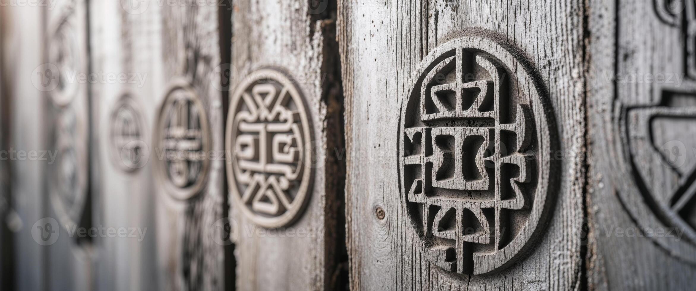 Wooden carvings on a wall photo