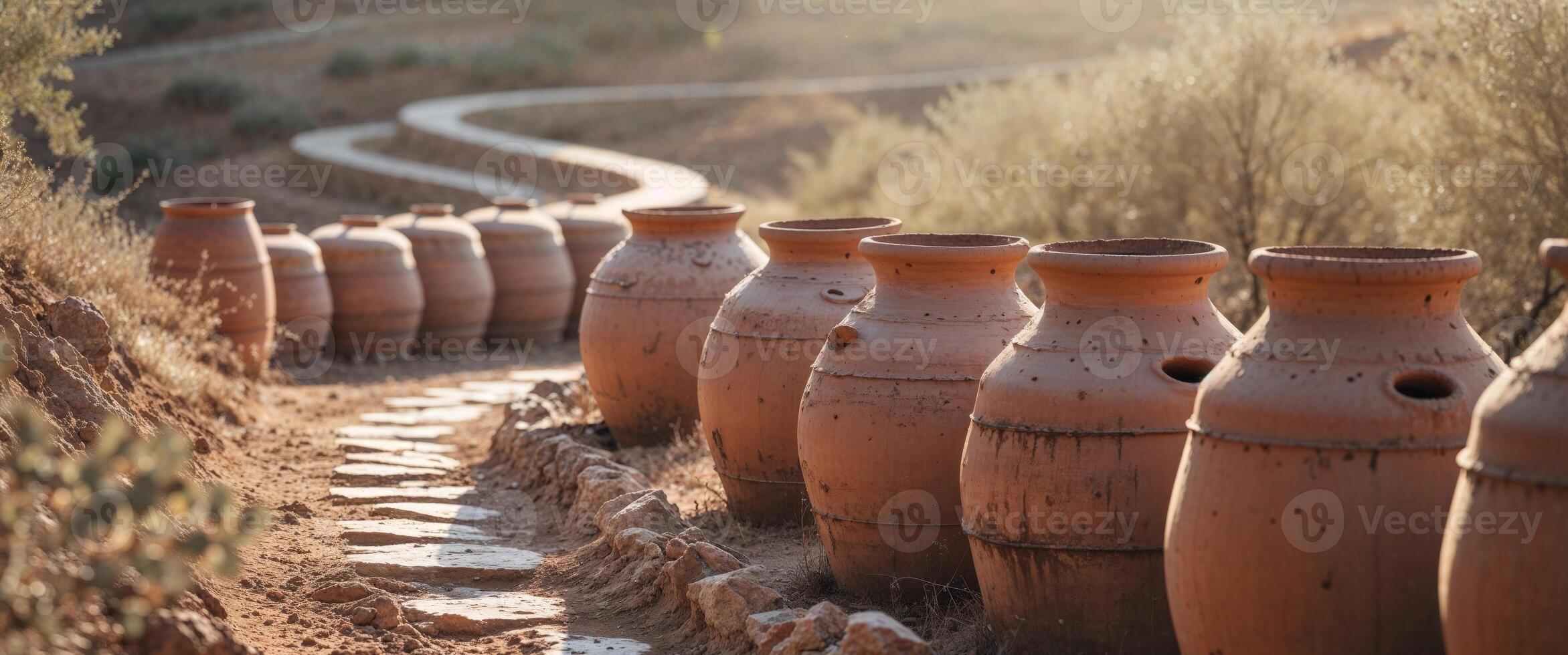 A row of clay pots lined up on a dirt path photo