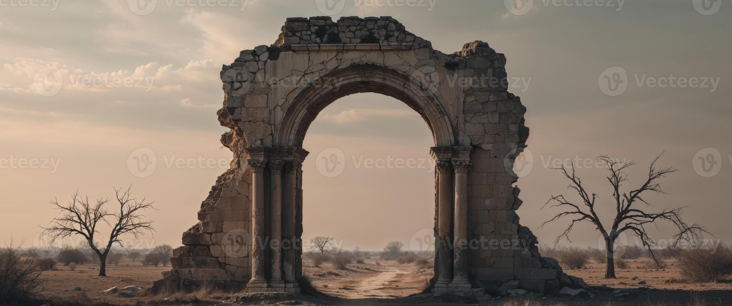 The ruins of an ancient archway in the desert photo