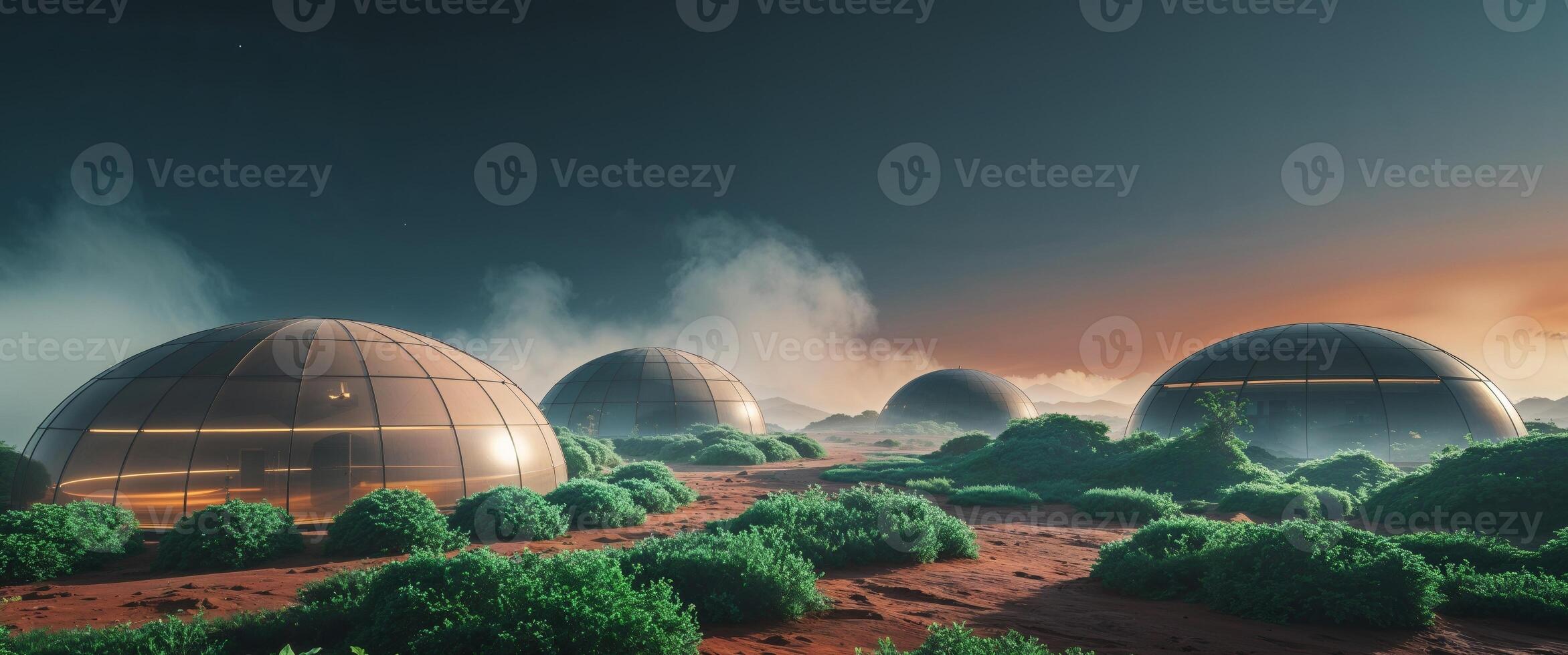 A futuristic city with domes on the ground photo