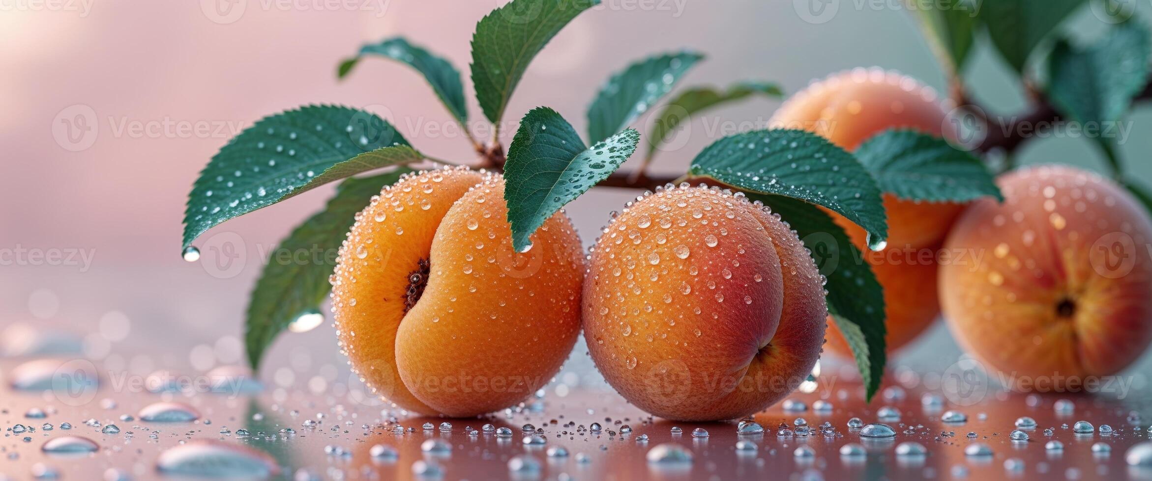Three ripe apricots on a branch with water droplets photo