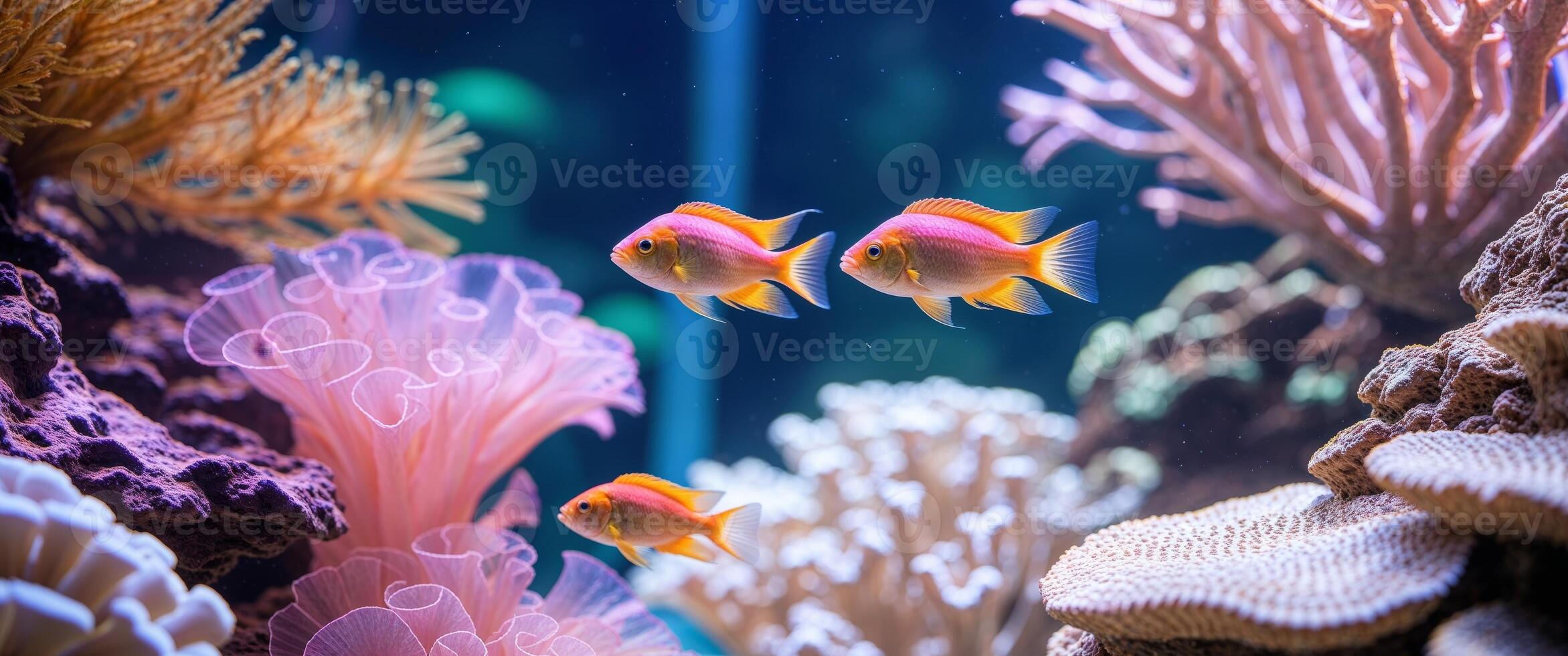 Two fish swimming in an aquarium with coral photo