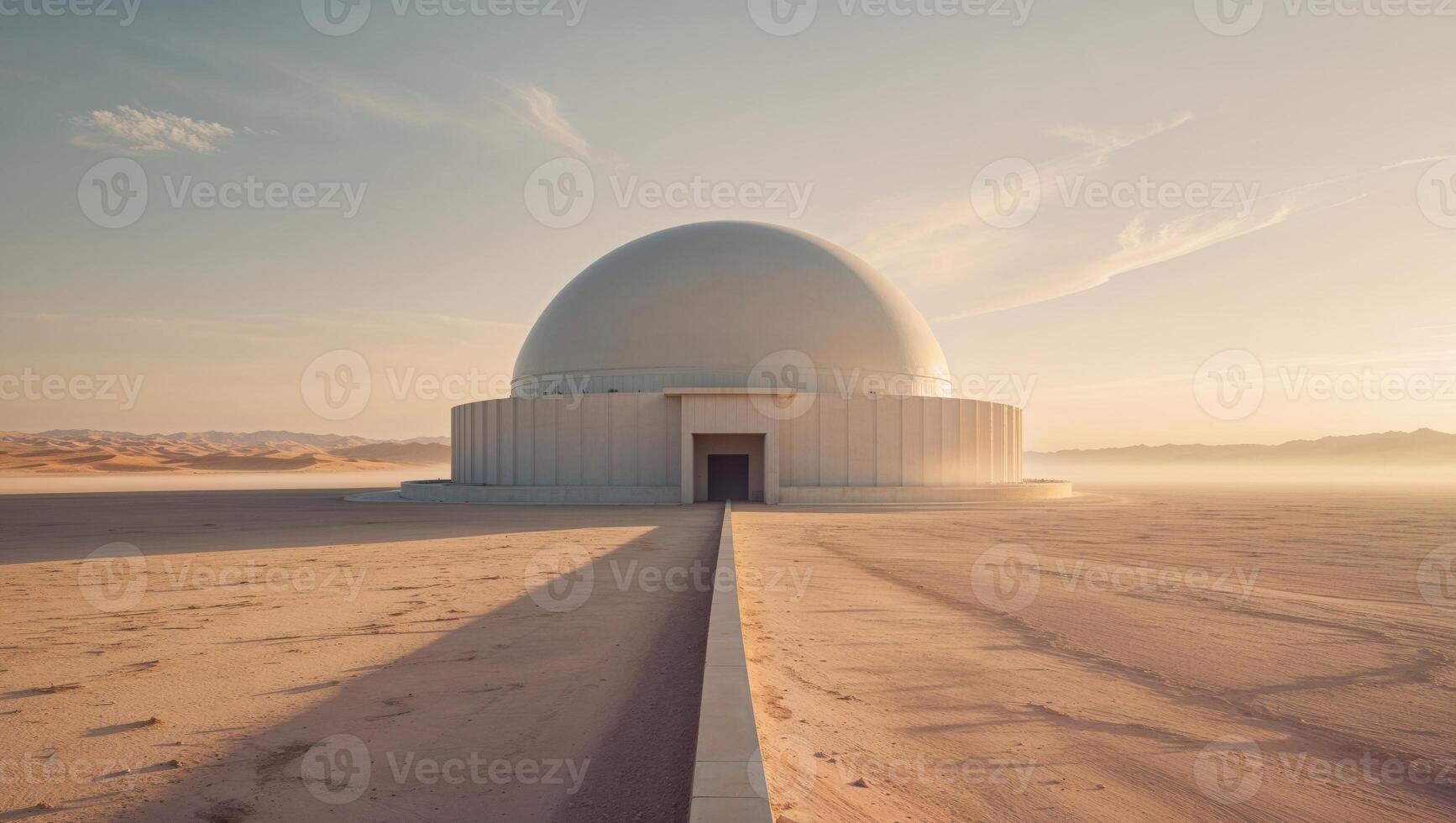 A white dome sits in the middle of a desert photo