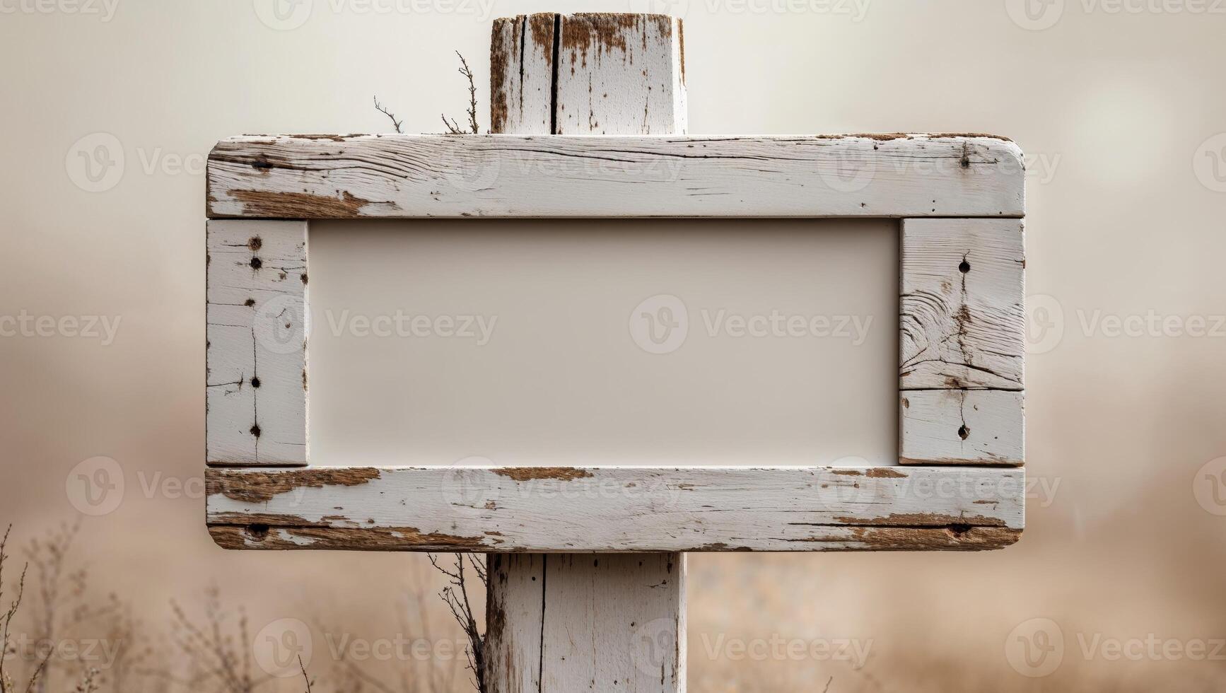 Rustic White Wooden Signpost Blank Message Board Weathered Texture photo