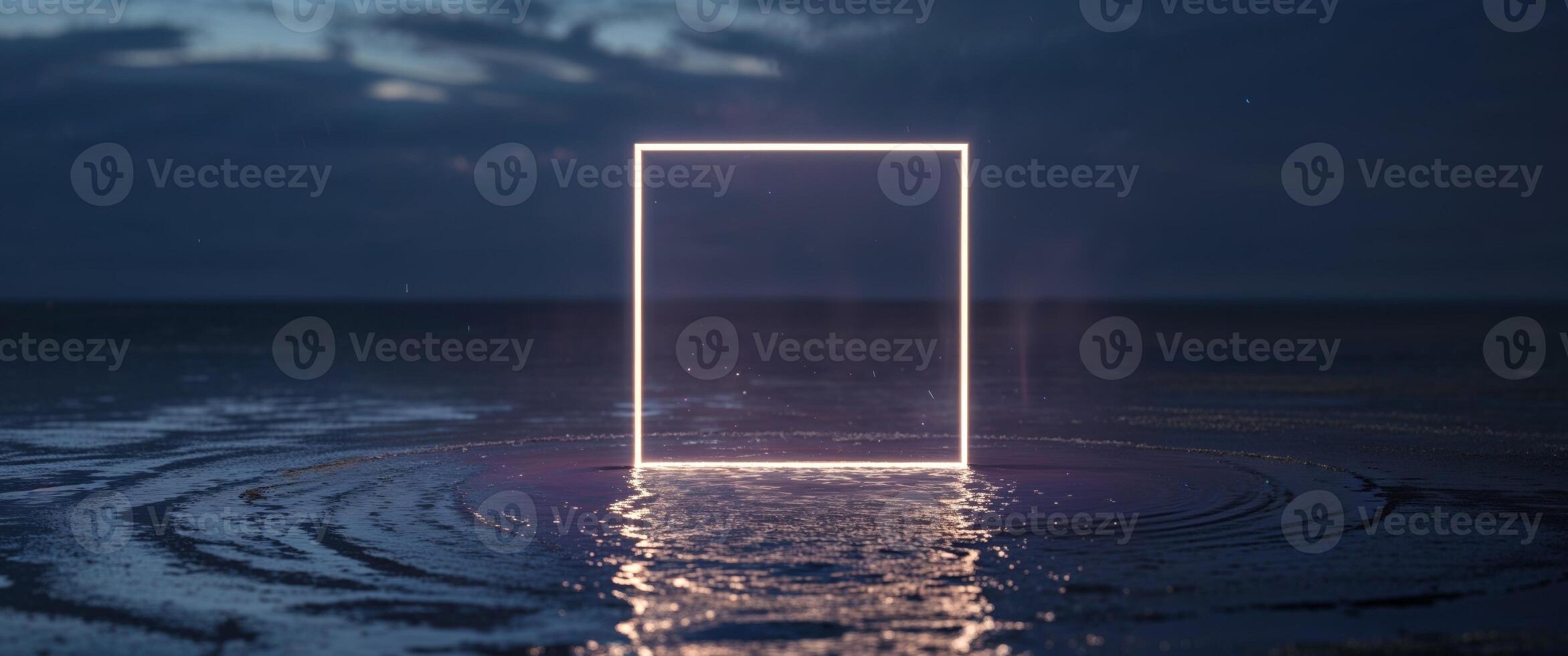 Illuminated square frame in dark space reflecting on wet surface during a mysterious twilight photo