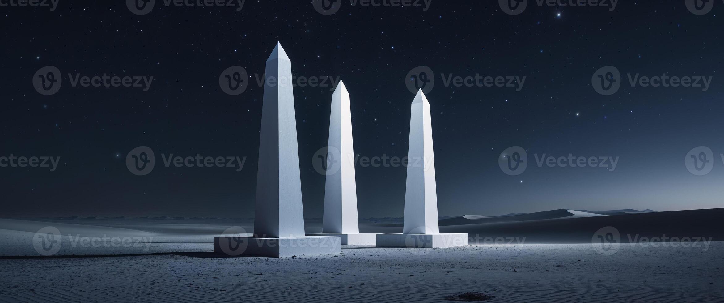 Three white pillars stand in the desert at night photo