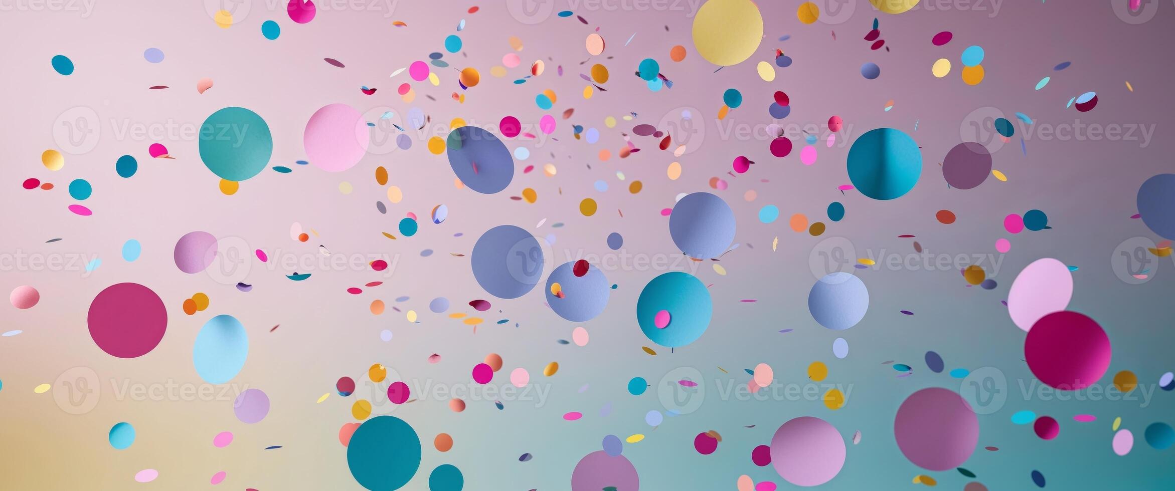 Colorful confetti and paper circles scatter across a gradient background photo