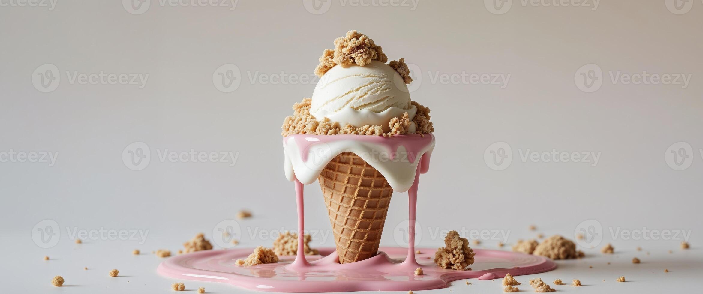 Melted Ice Cream Cone With Crumble Topping. photo