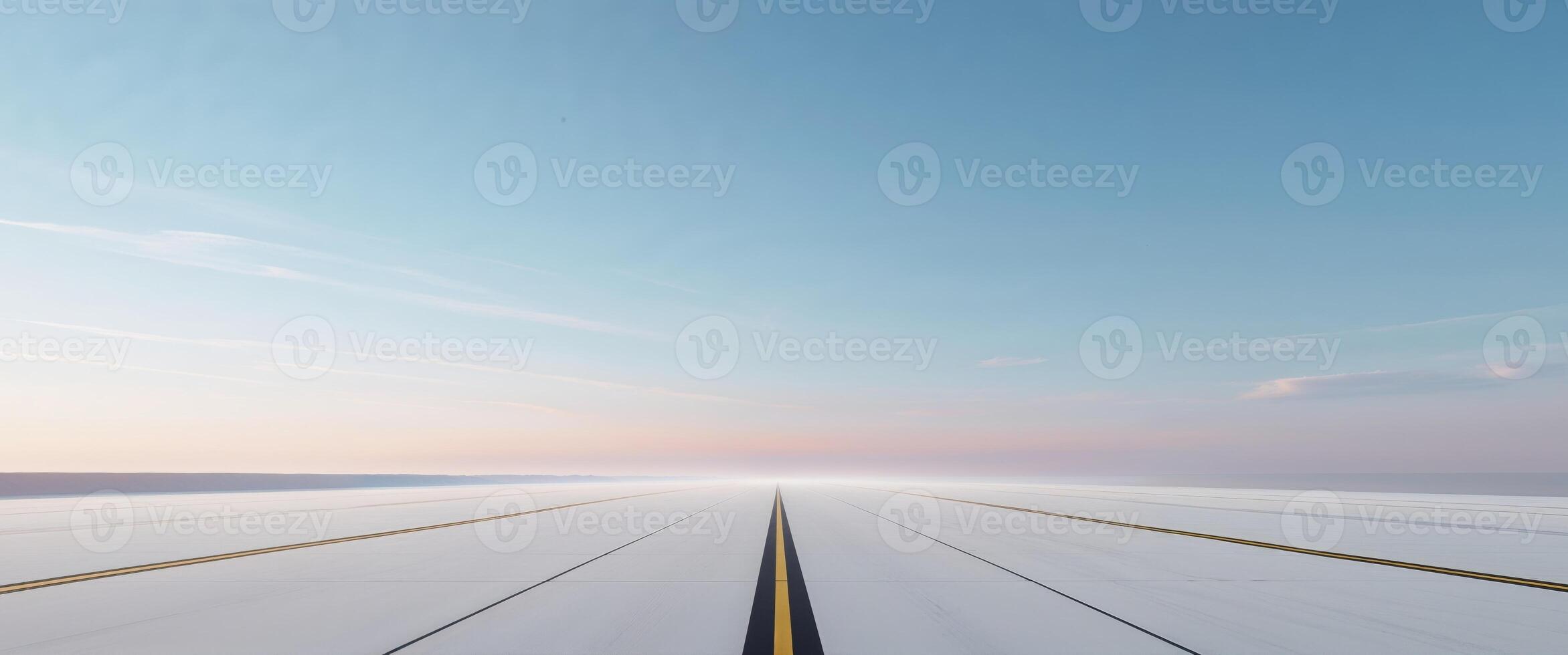 An empty runway with a blue sky and a yellow line photo