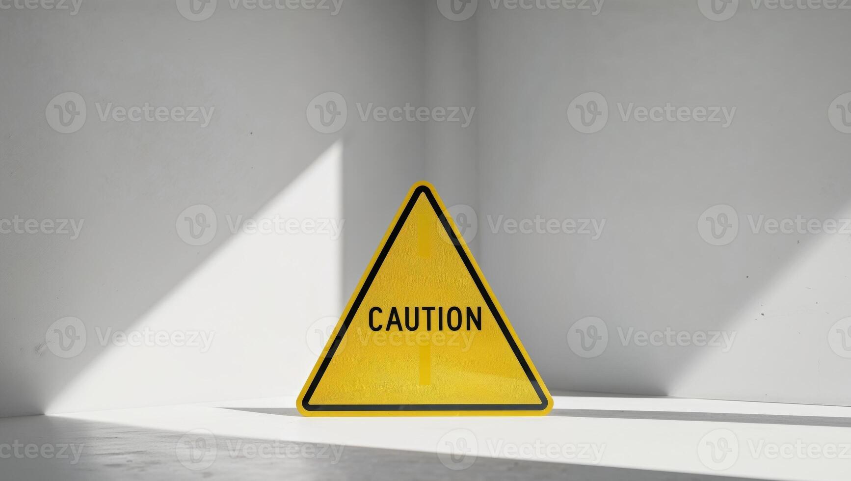 Caution sign in a white room with light coming from the window photo