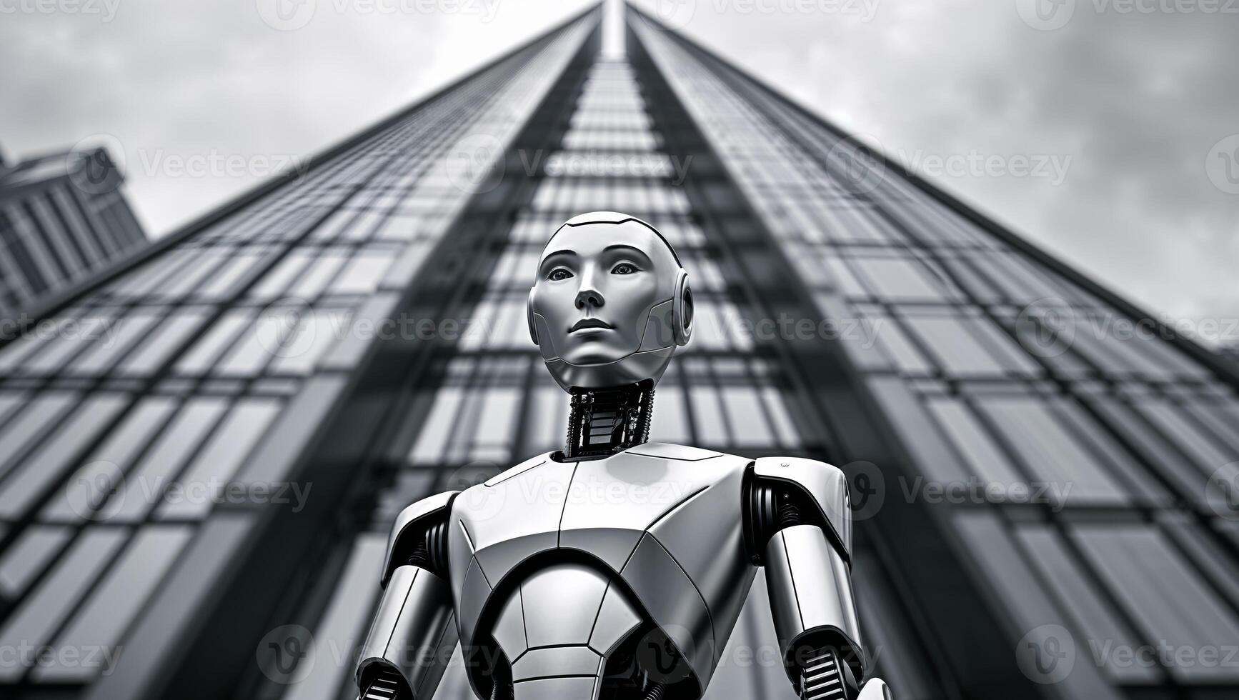 A robot is standing in front of a large building photo