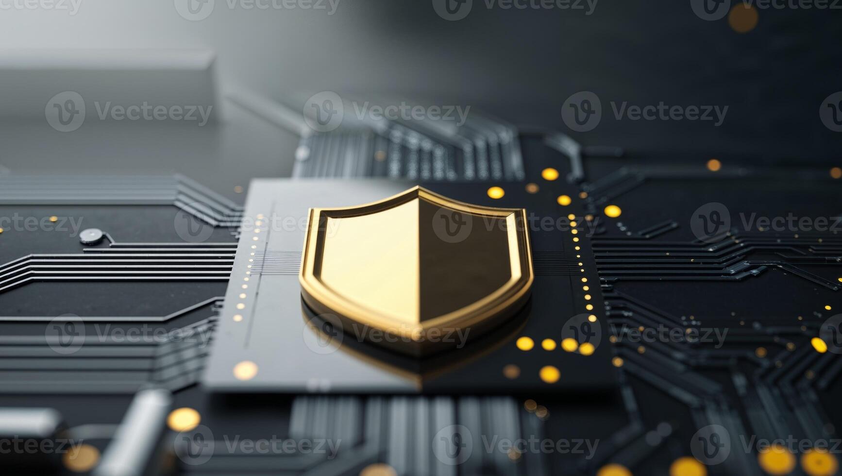Golden Shield on Circuit Board Digital Security and Data Protection photo