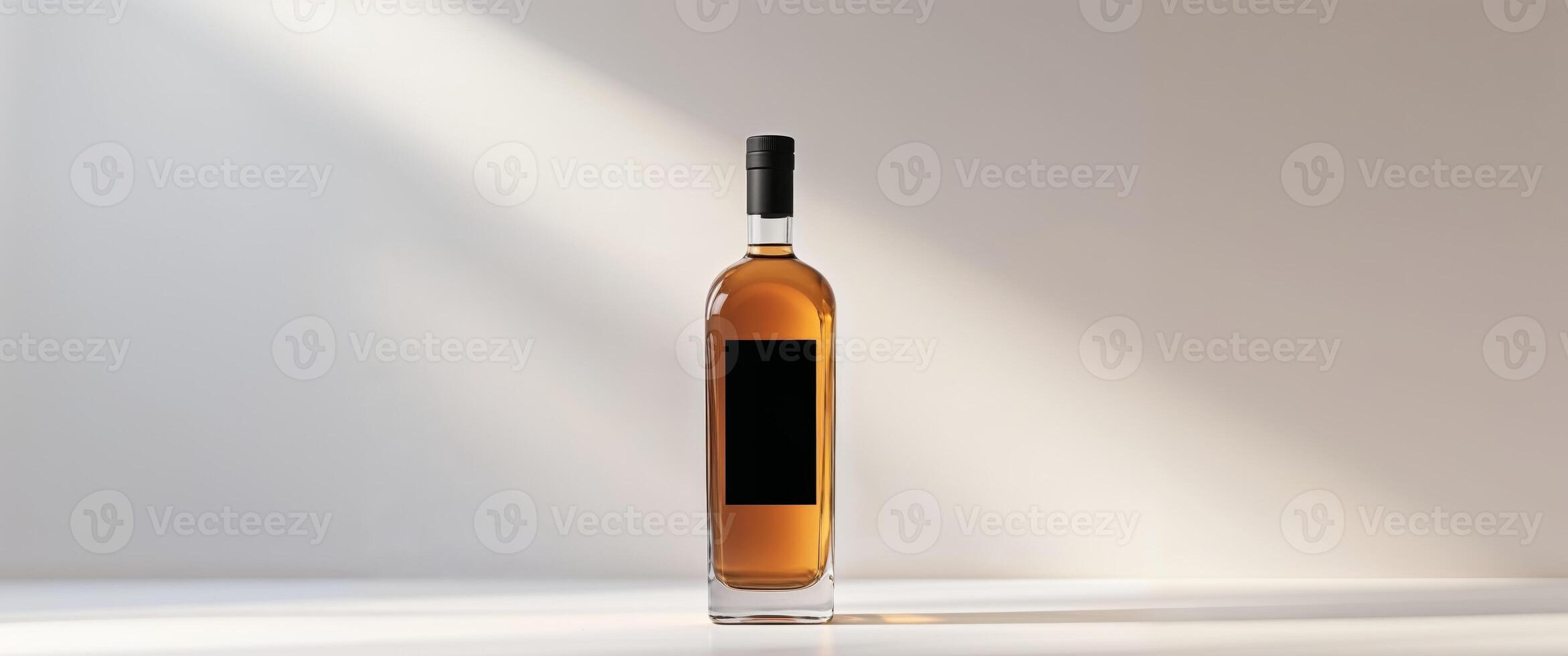 Bottle of liquor placed on a clean white surface with natural lighting and soft shadows. photo
