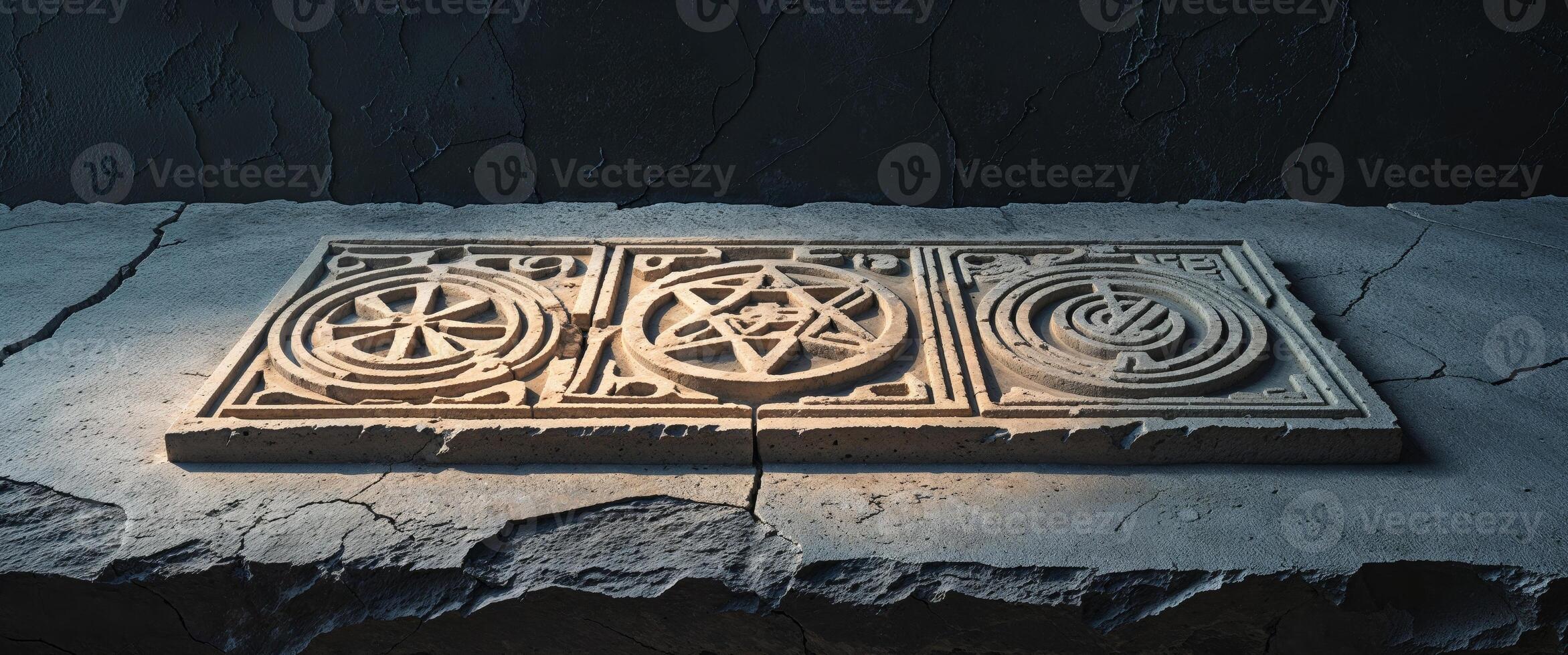 Ancient symbols carved onto stone surface with dark textured background photo