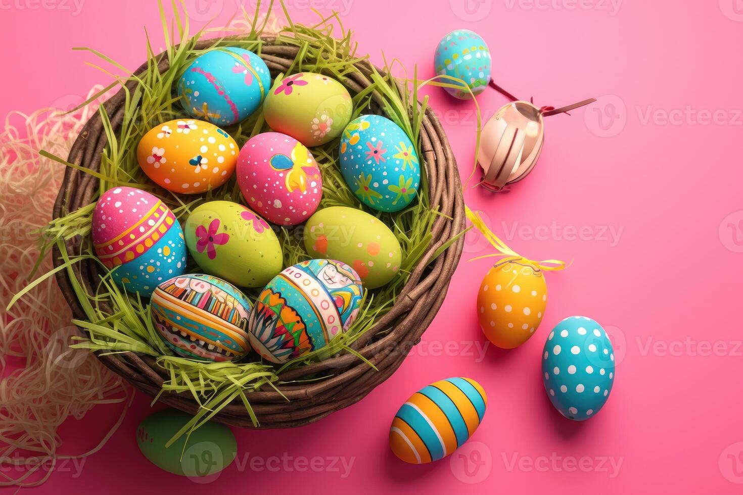Decorated Easter Eggs in a Nest on a Pink Background photo