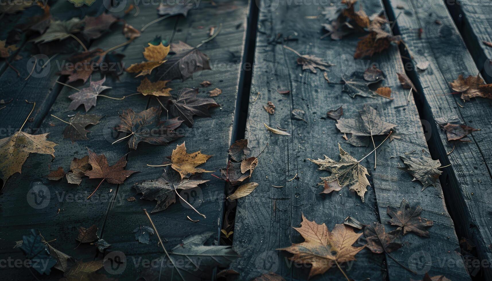 Fallen autumn leaves on dark wooden planks photo