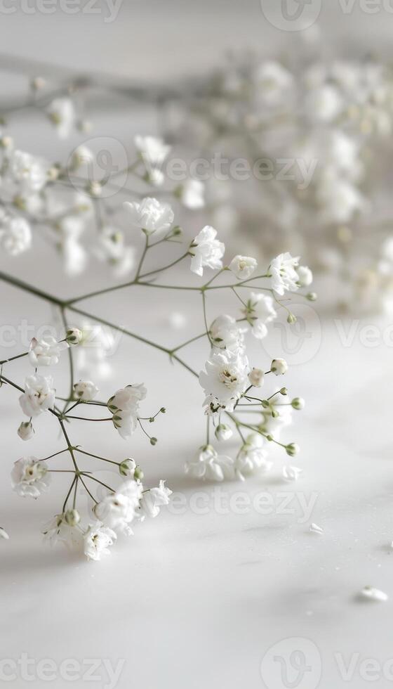 Delicate white baby breath flowers on a pale surface photo
