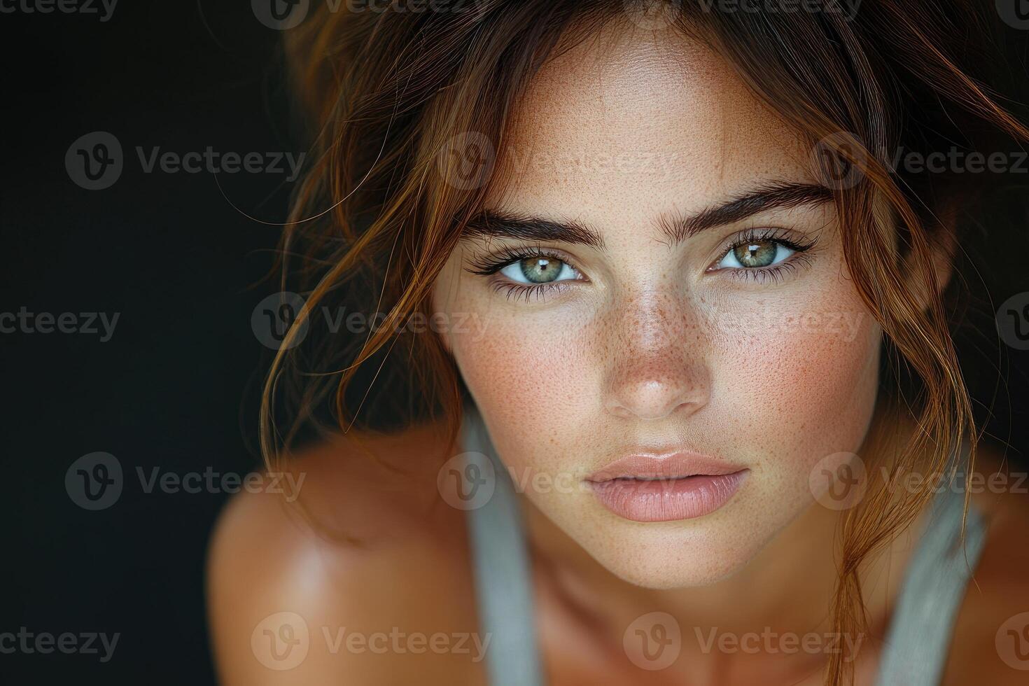 Close up portrait of a woman with freckles and green eyes photo