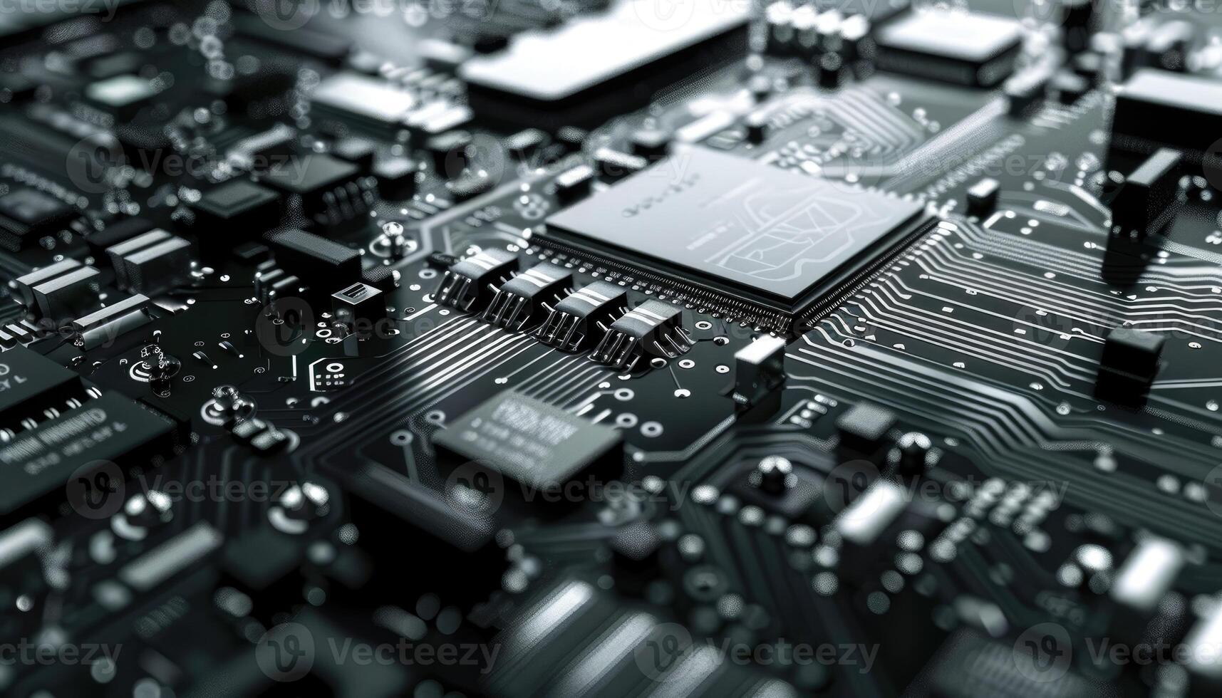 Closeup view of a complex computer circuit board photo