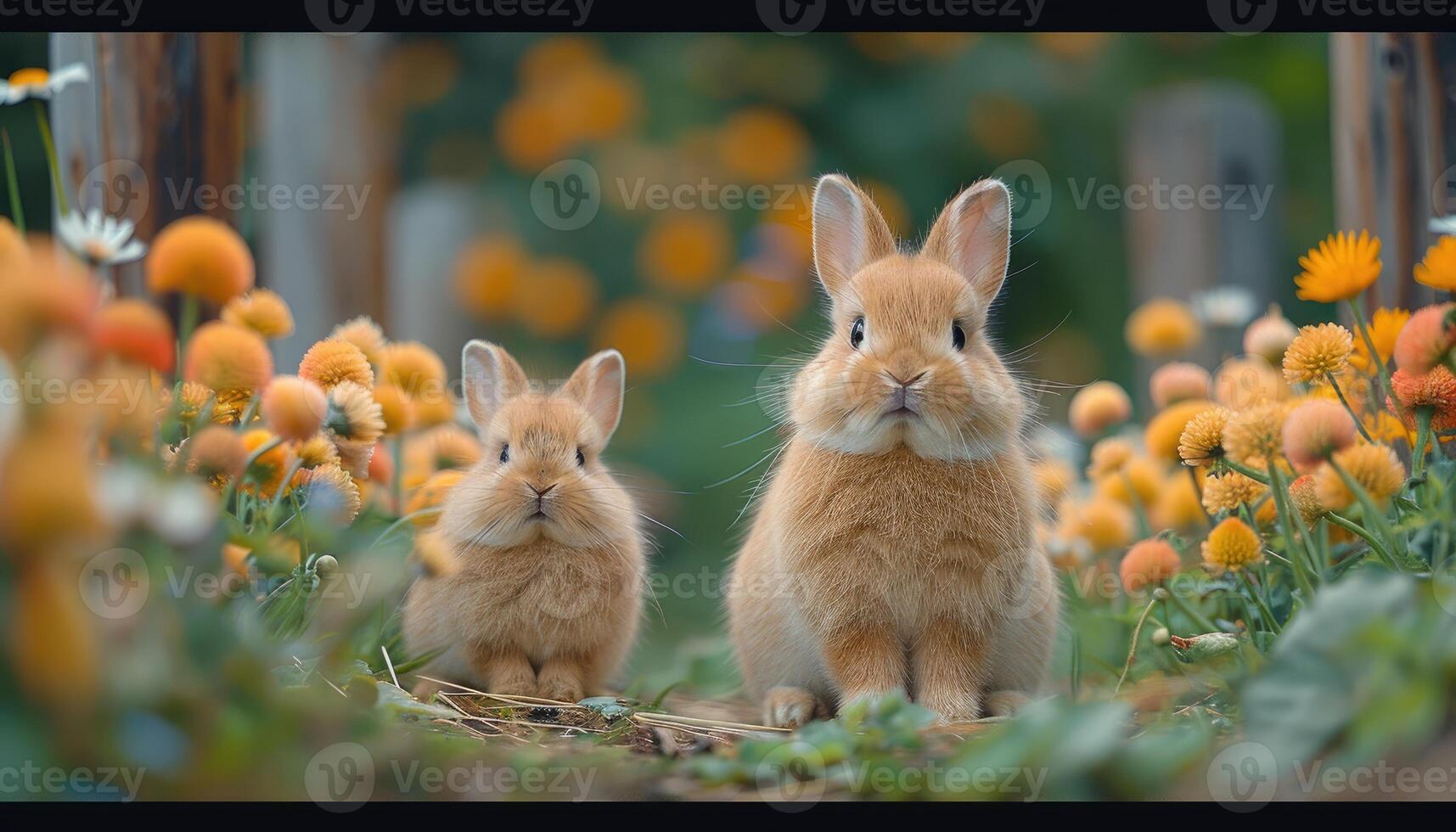 Two Adorable Baby Rabbits Amongst Orange Flowers photo