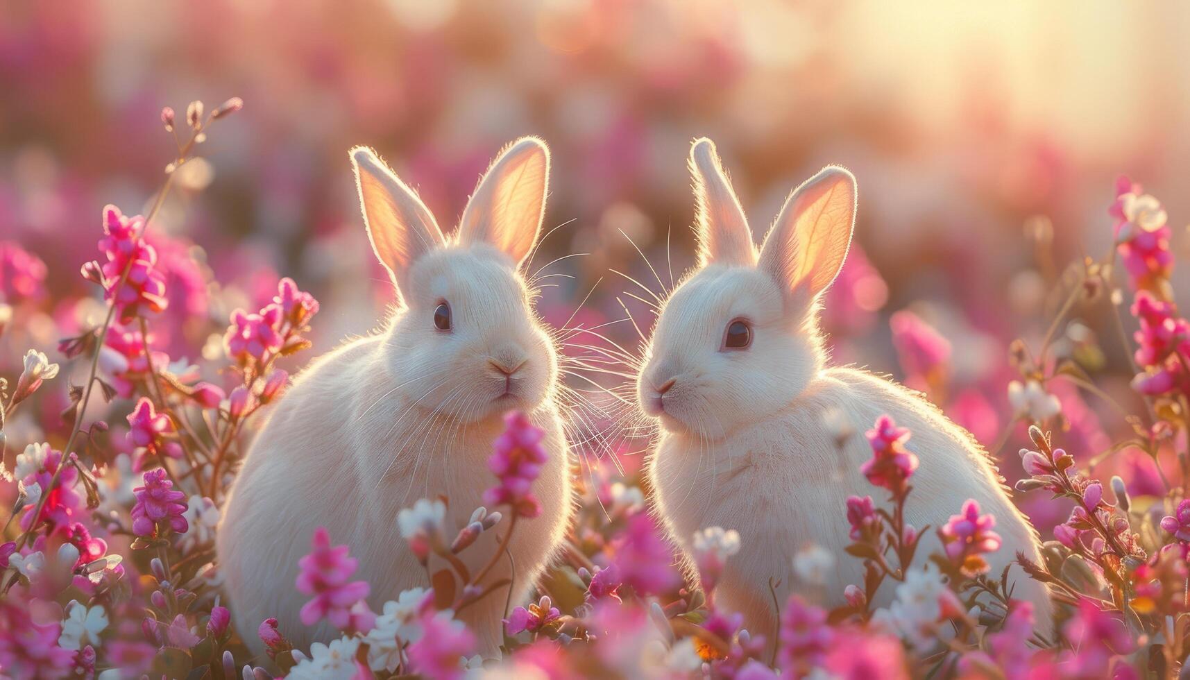 Two Rabbits Amidst Pink Flowers photo