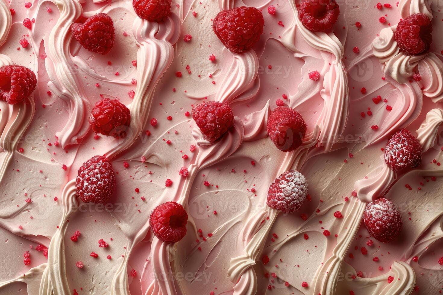 Pink Cream Swirls Topped With Raspberries photo