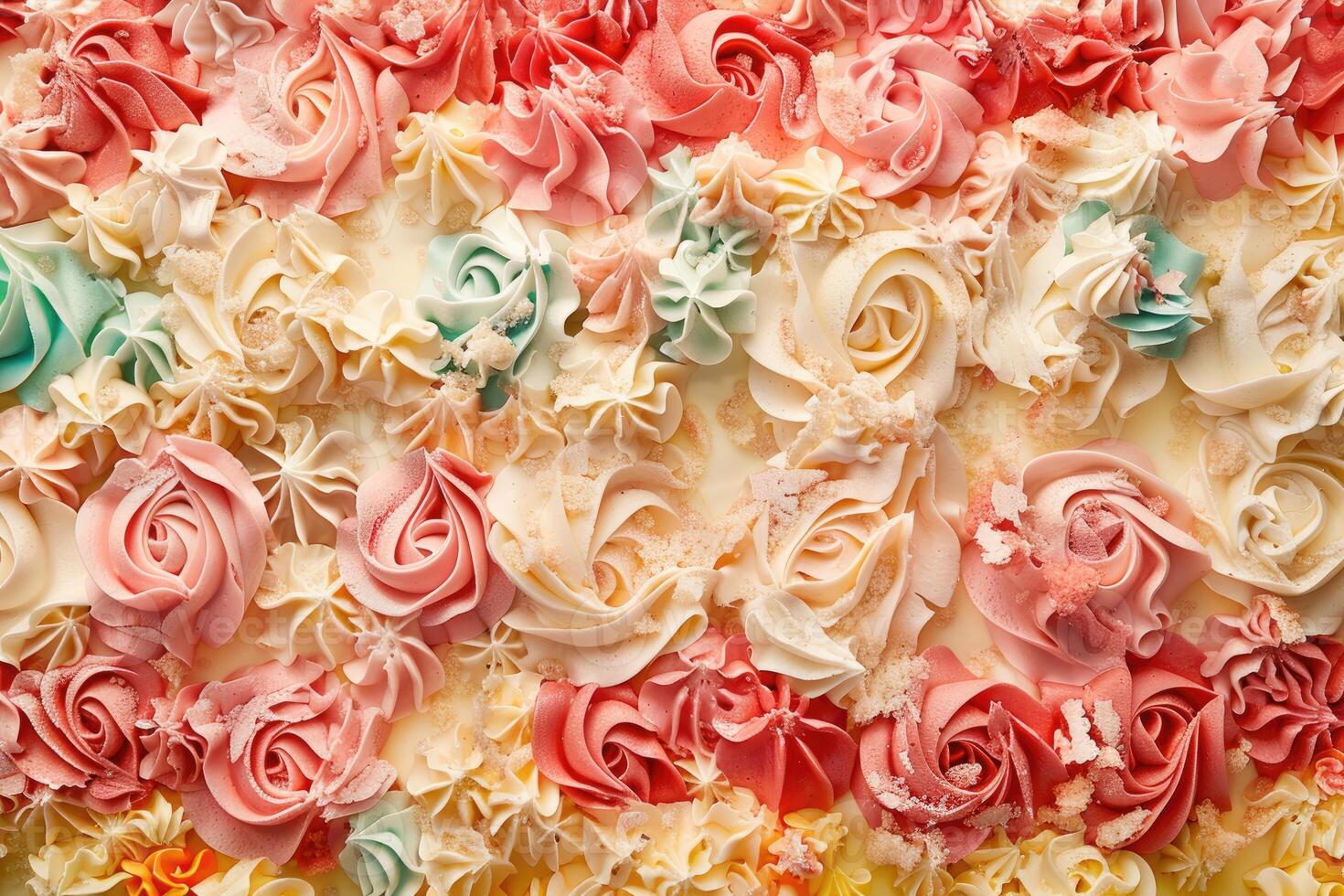 Pastel Frosting Cake Decorated With Swirls And Roses photo