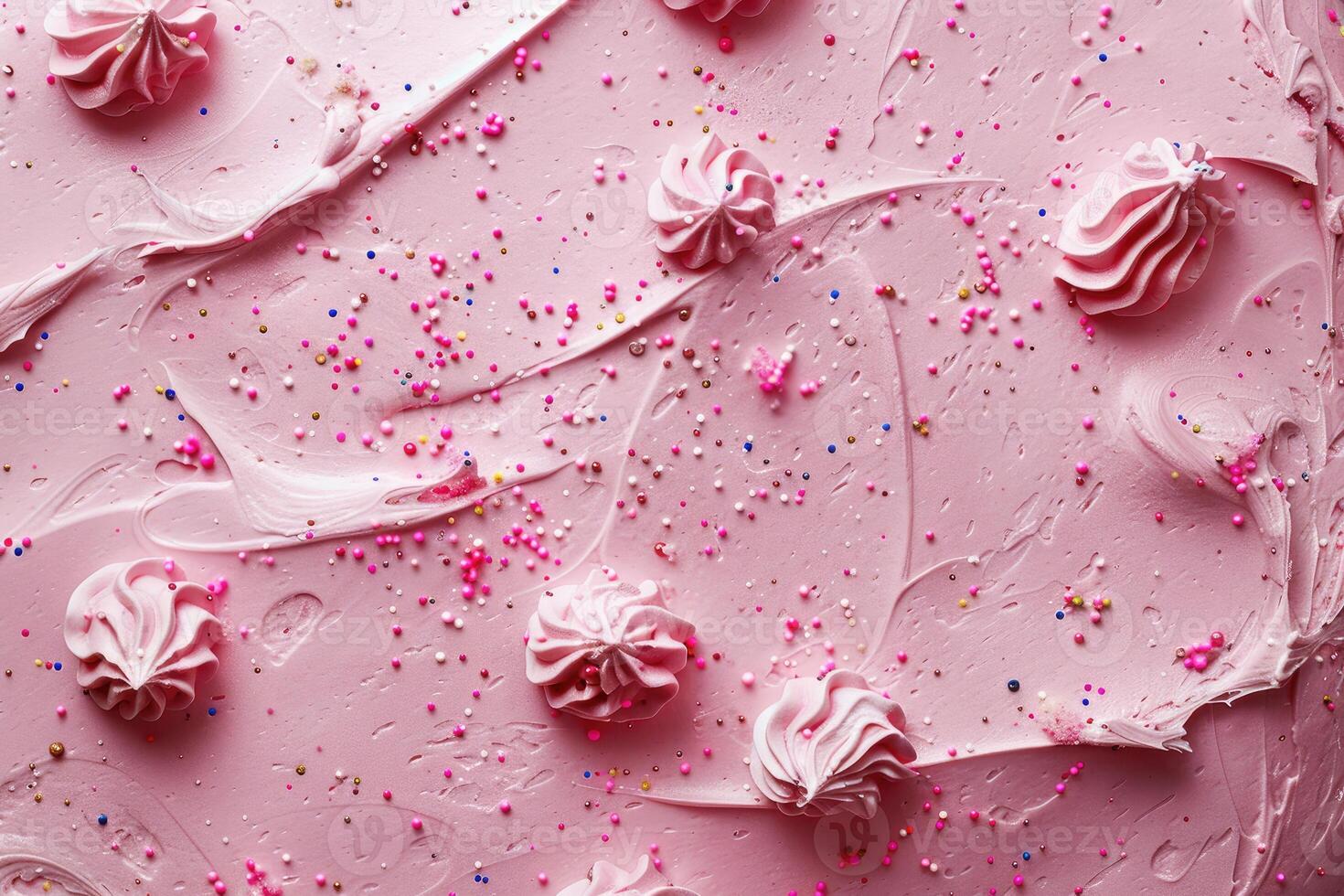 Pink frosting cake decorated with swirls and sprinkles photo